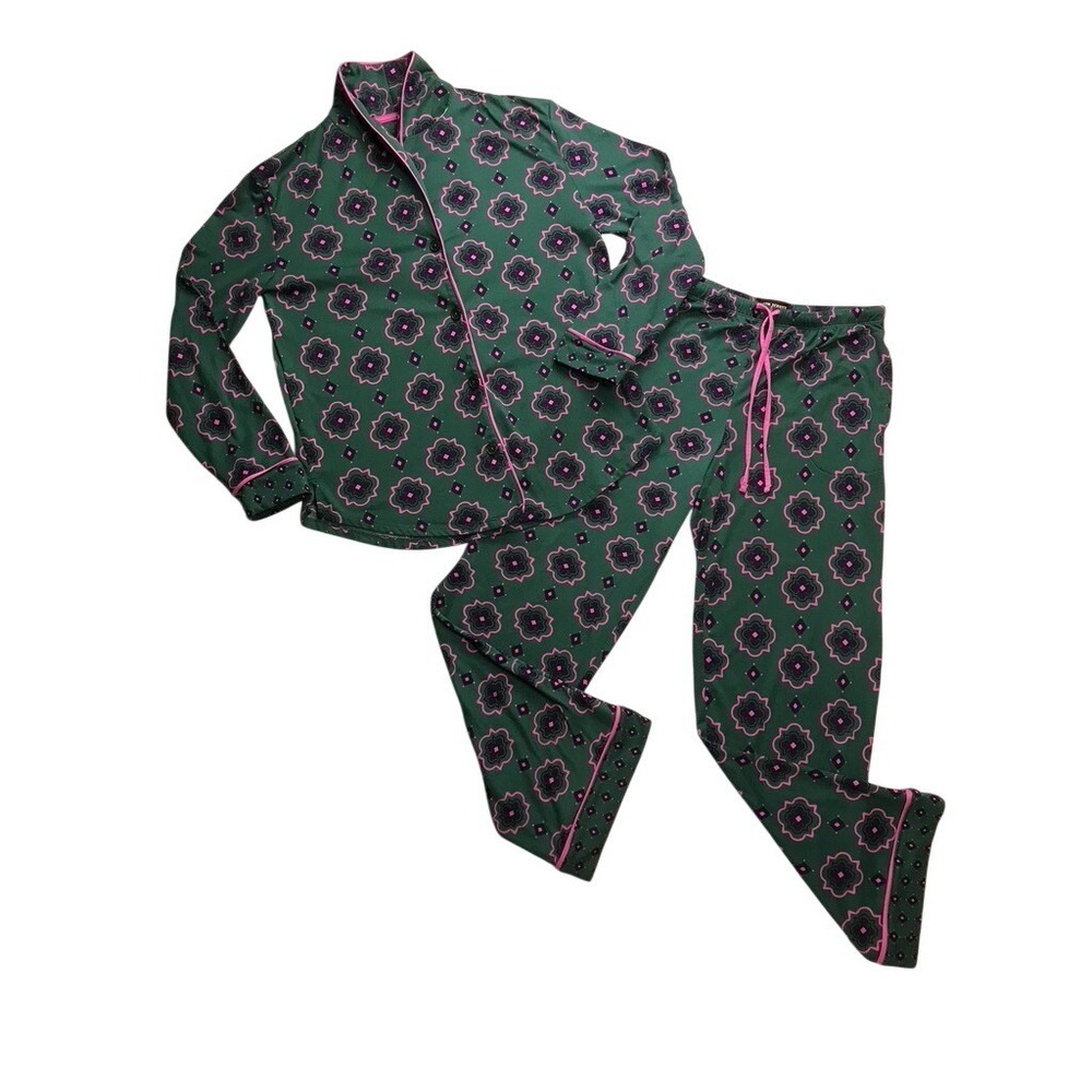 Room Service Pajama Set Women Small Green Pink Geometric Long Sleeve